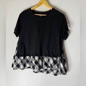 Maeve Black With Gingham Short Sleeve Peplum Top Medium